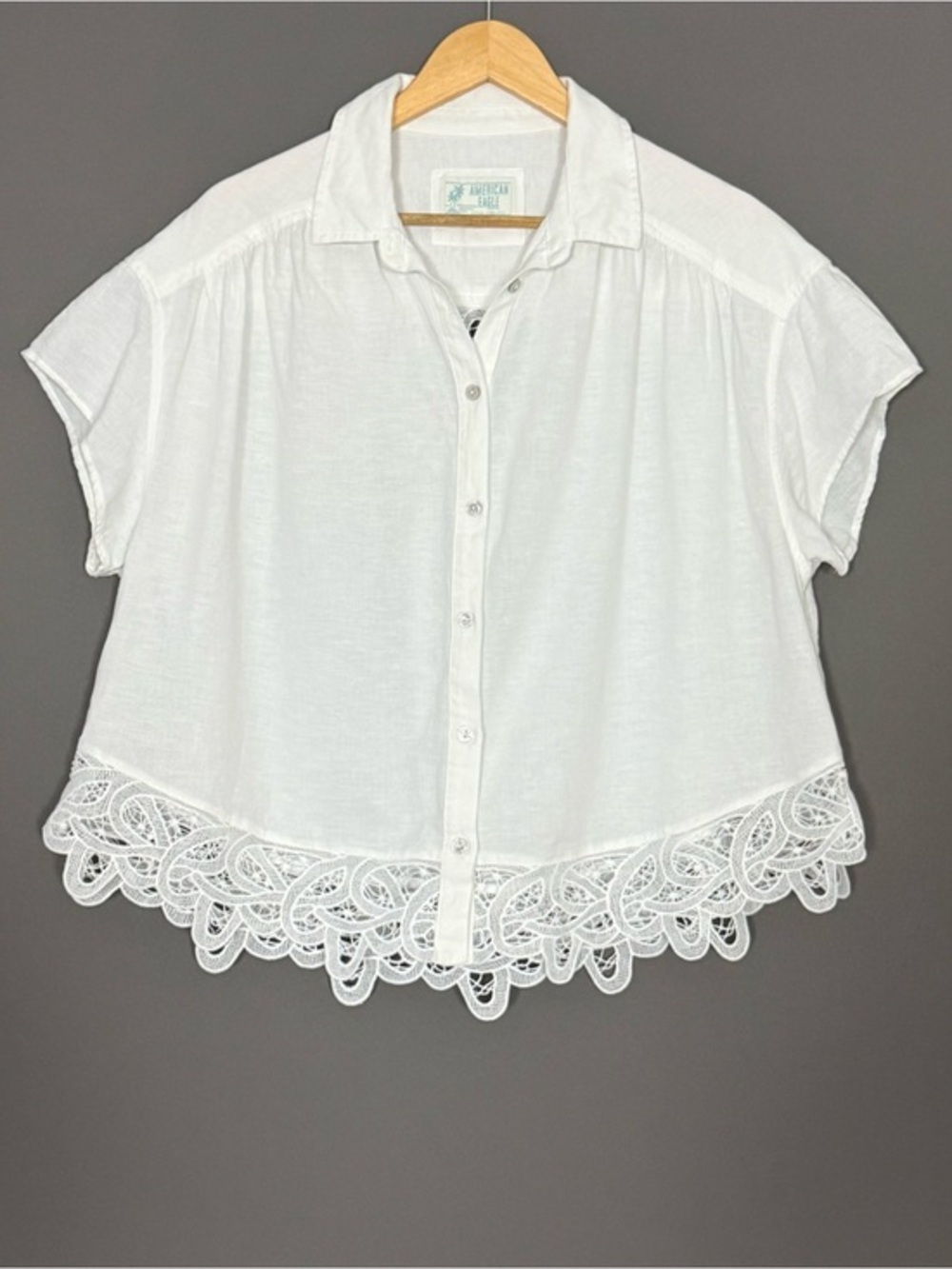 American Eagle Oversized Lace Hem Cotton Linen Blouse White M Boho Bohemian